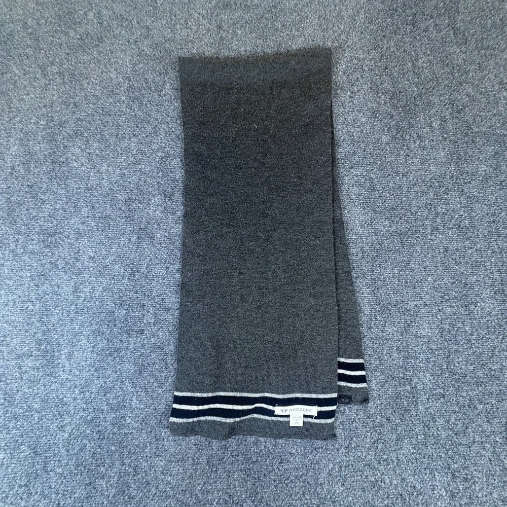 Dockers Knit Scarf Mens One Size Gray Black Striped Logo Acrylic Winter Wear